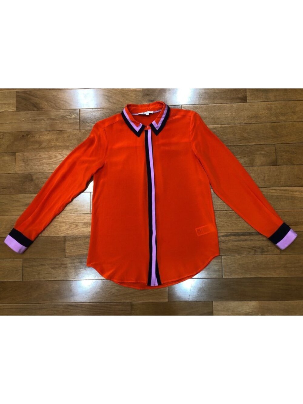 Boden 100% Silk Orange Button Down Blouse With Accent Contrast Trim Size 2 Artsy - Picture 6 of 10
